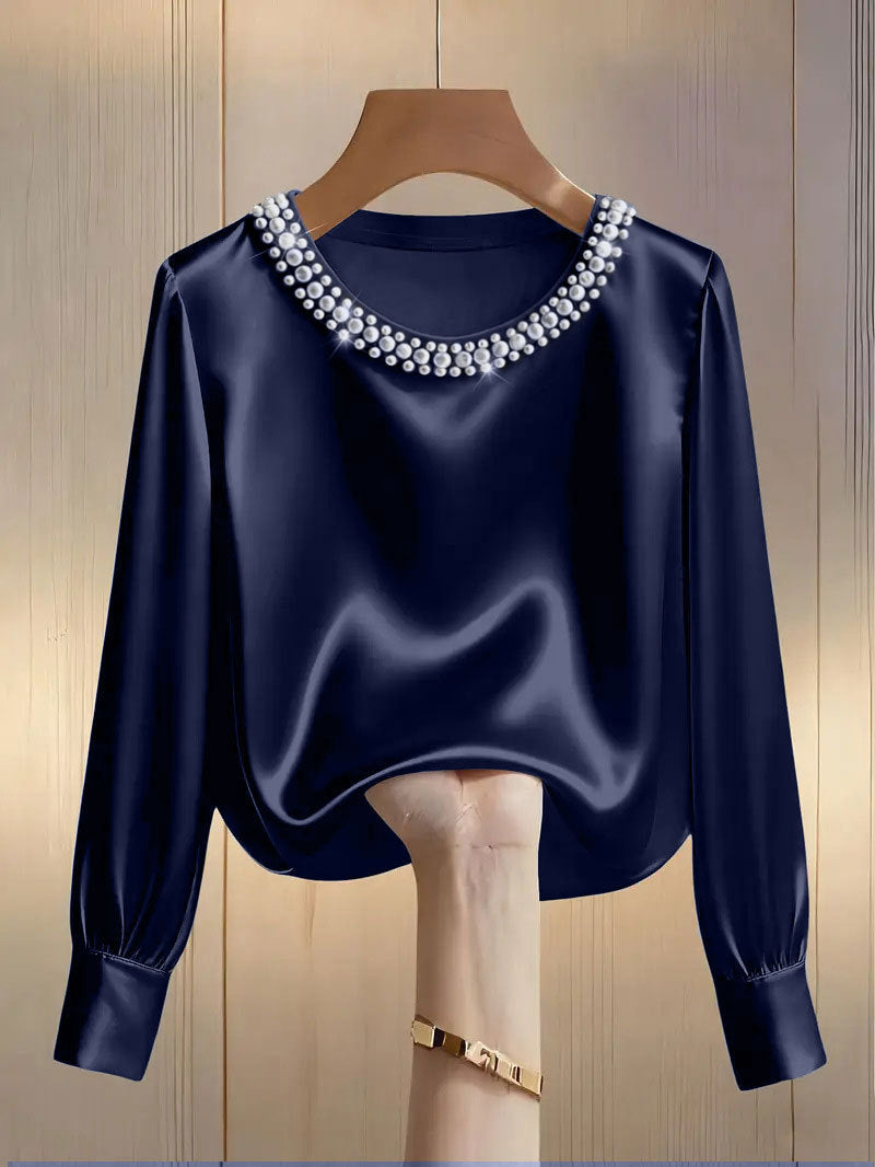 Women's Style High-grade Pearl Round Neck Satin Shirt Tops