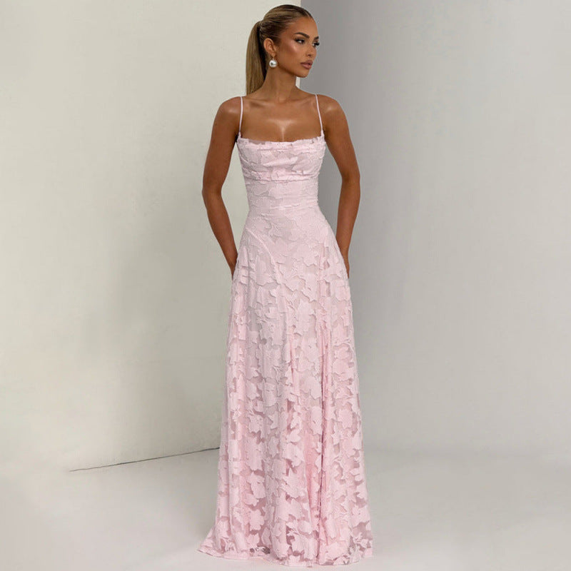 Women's Elegant Lace Sexy Backless Spaghetti Straps Dress