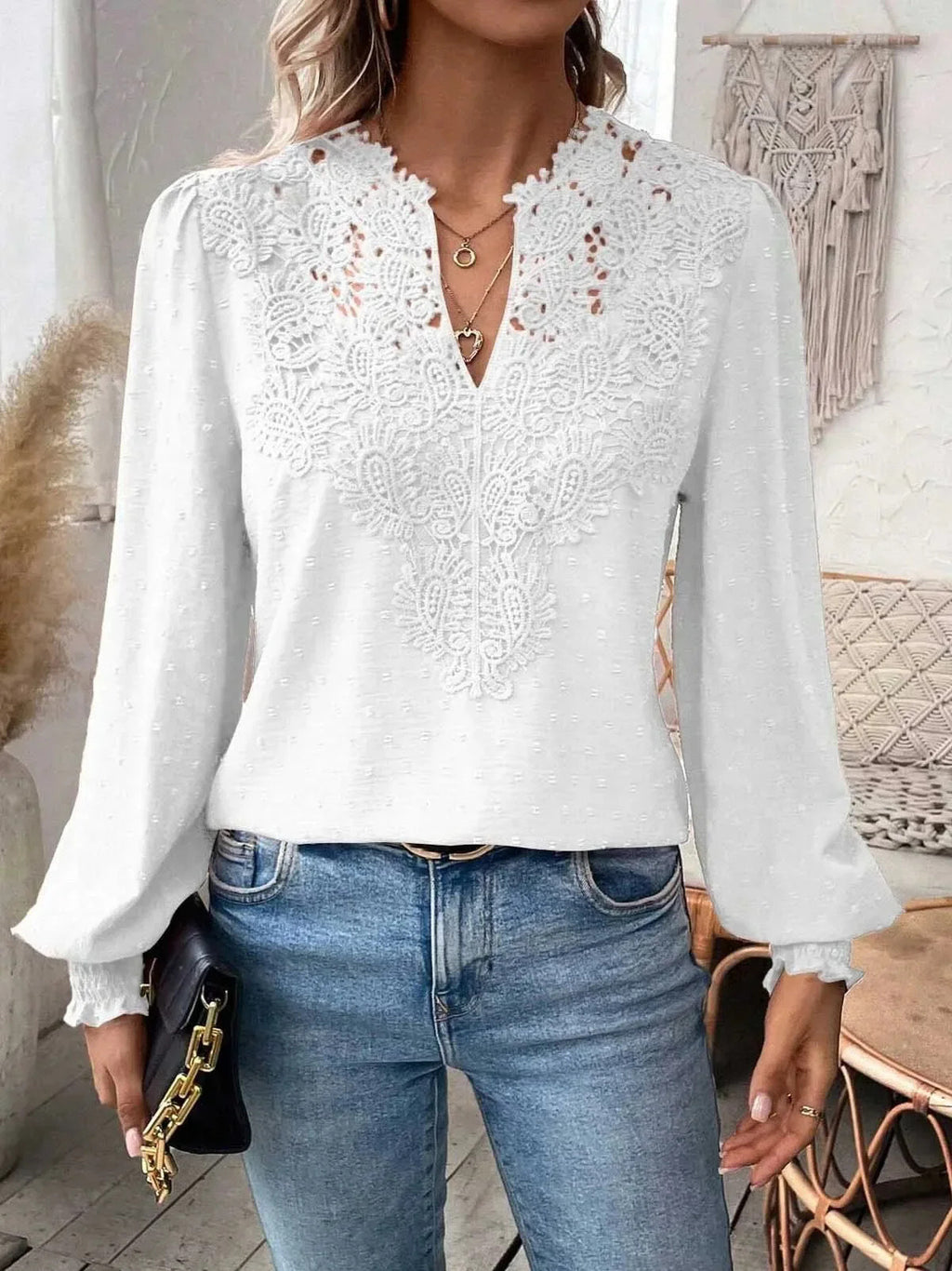 Women's Fashion Lace Solid Color Long Sleeve Women's T-shirt
