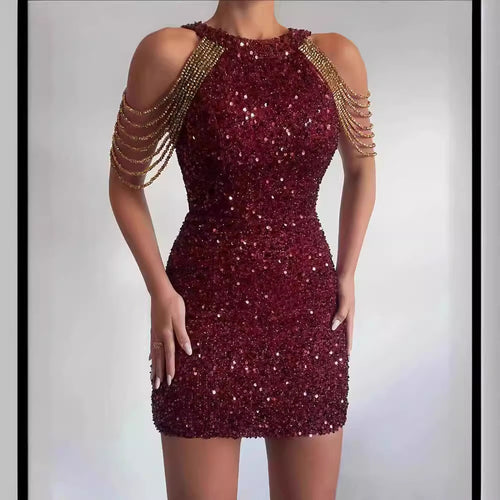 Fashion Halter Sexy Crystal Chain Sheath Dress