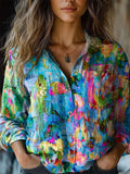 Women's Digital Printing Fashion Lapels Long Sleeve Blouse