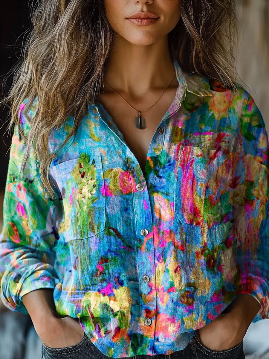 Women's Digital Printing Fashion Lapels Long Sleeve Blouse