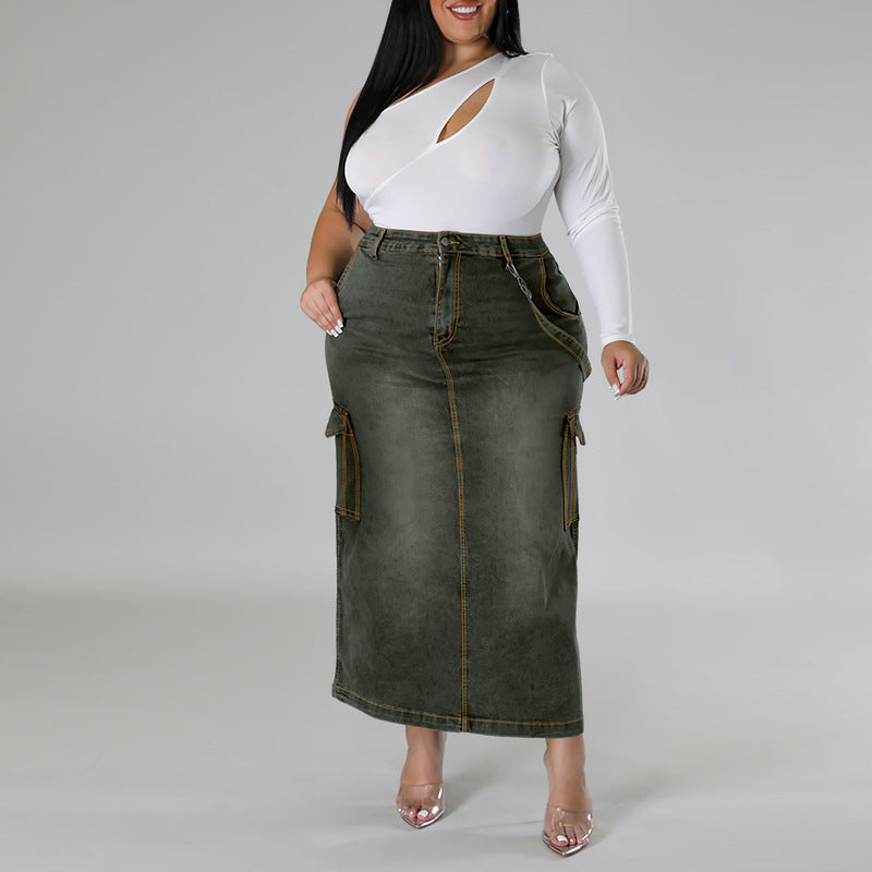 Women's Large Denim Decoration Sleeveless Split Long Skirt