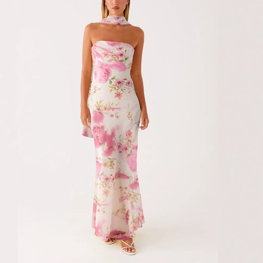 Graceful Satin Backless Tube Digital Printed Dress