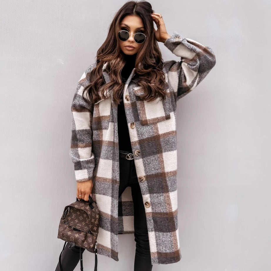 Women's Long-sleeved Plaid Printed Mid-length Shirt Blouse