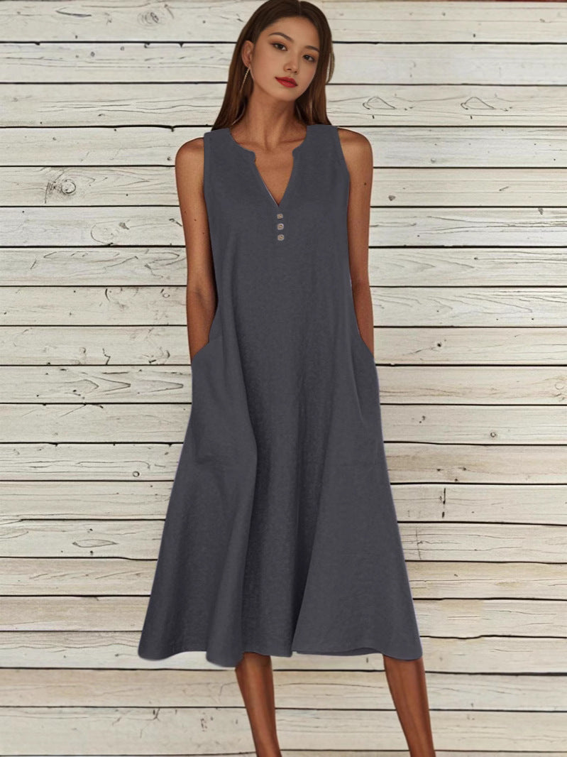 Women's Linen Ethnic Greek Sleeve Maxi Sleeveless Dress