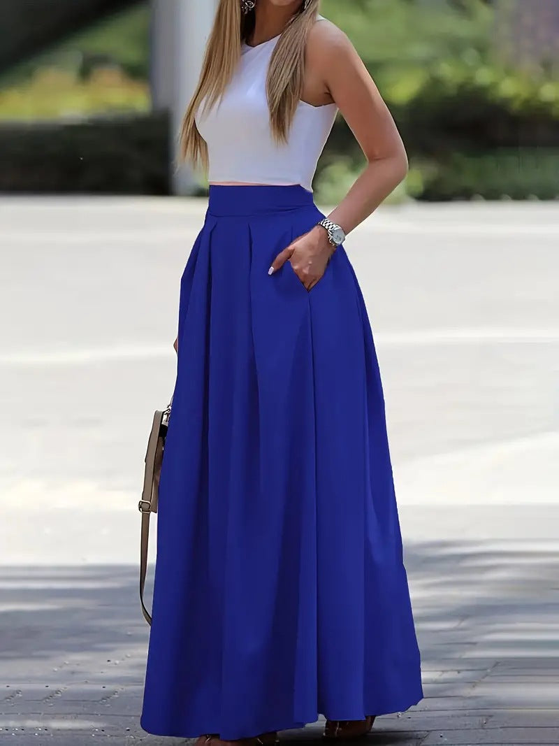Women's Solid Fashion High Waist Pleated Maxi Skirt