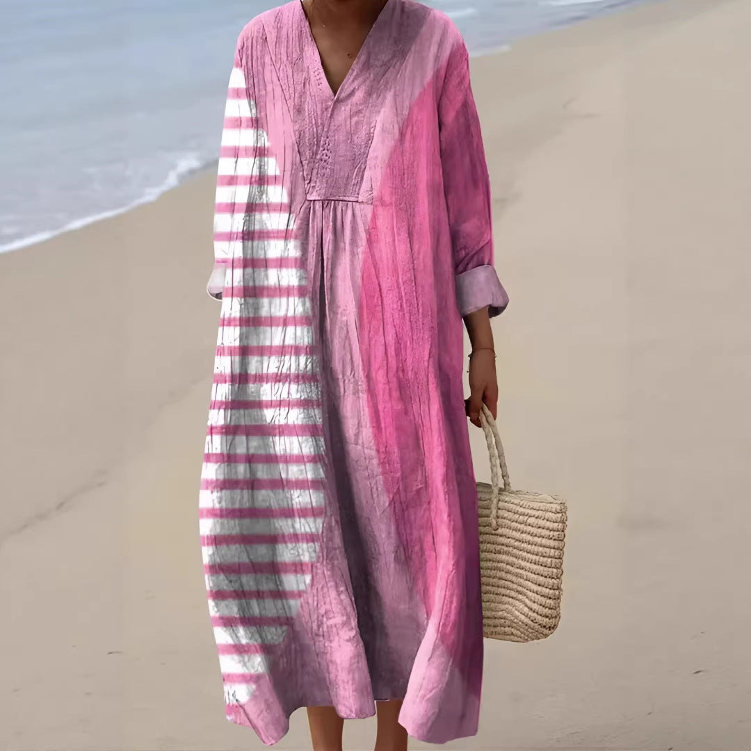 Women's Printed Fashion Popular Stitching Linen Dress
