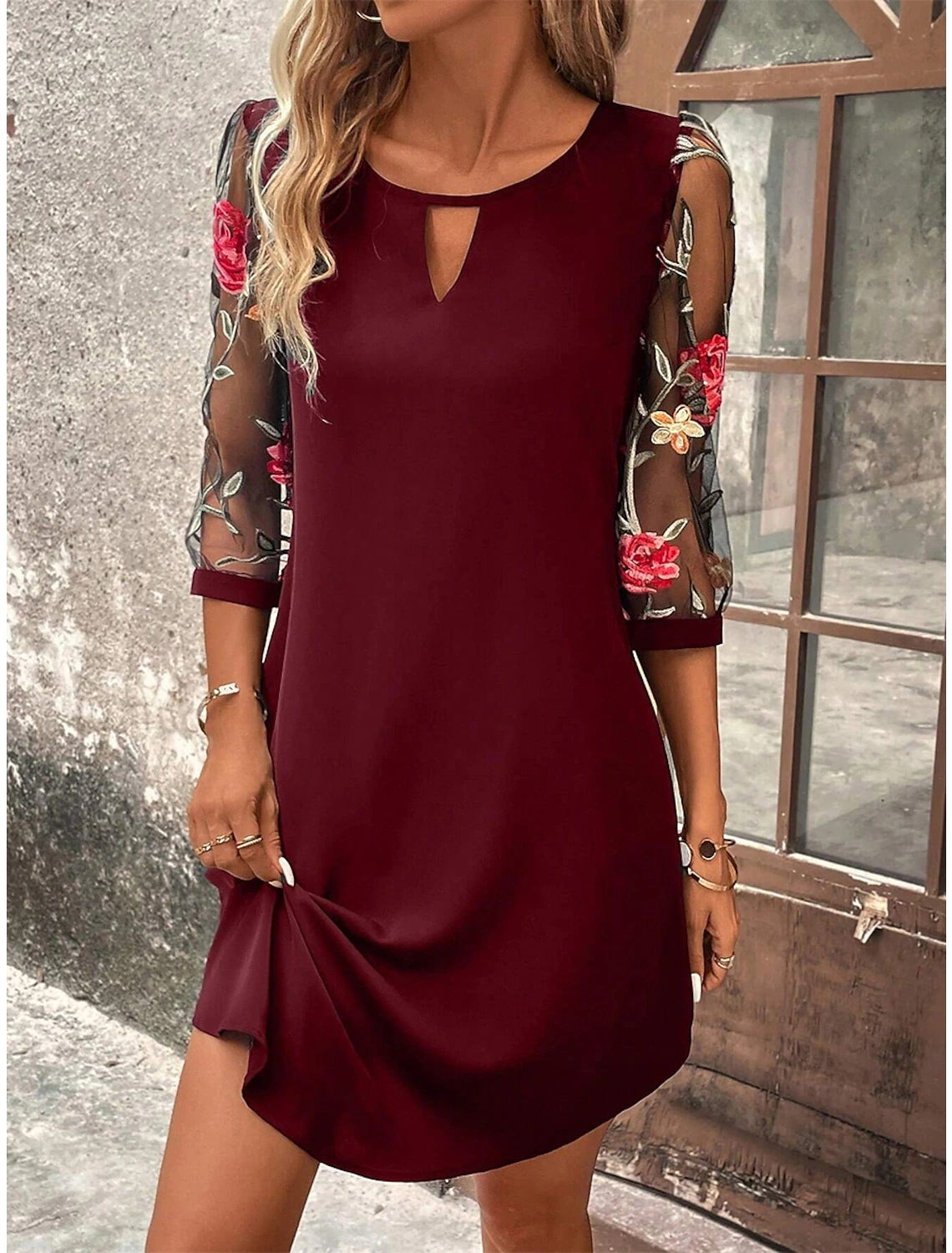 Women's Summer Round Neck Lace Three-quarter Sleeve Dress