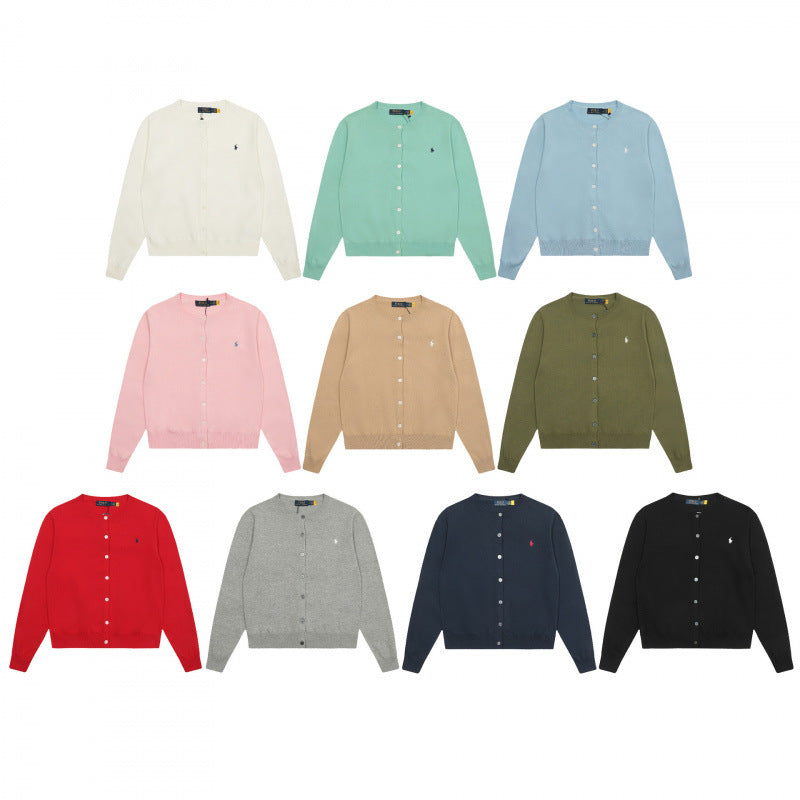 Color Round Neck Basic Pony Embroidered Knitted Long Women's Sweater