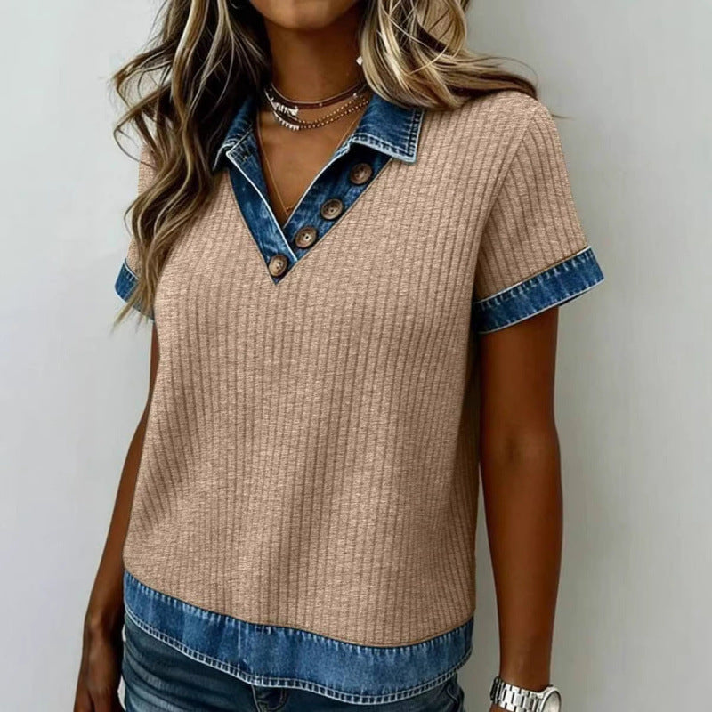 Attractive Women's Casual Denim Patchwork Knitting Women's T-shirt