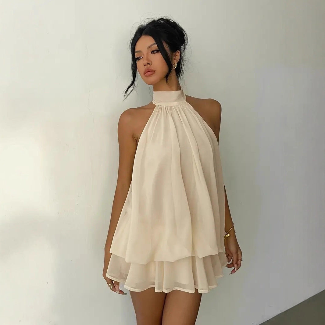 Autumn Chiffon Stitching Halter Sleeveless High Waist A- Dress