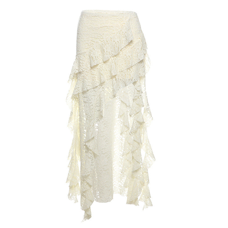 Women's Autumn Unique Design Black Lace Wavy Pleated Edge Skirt
