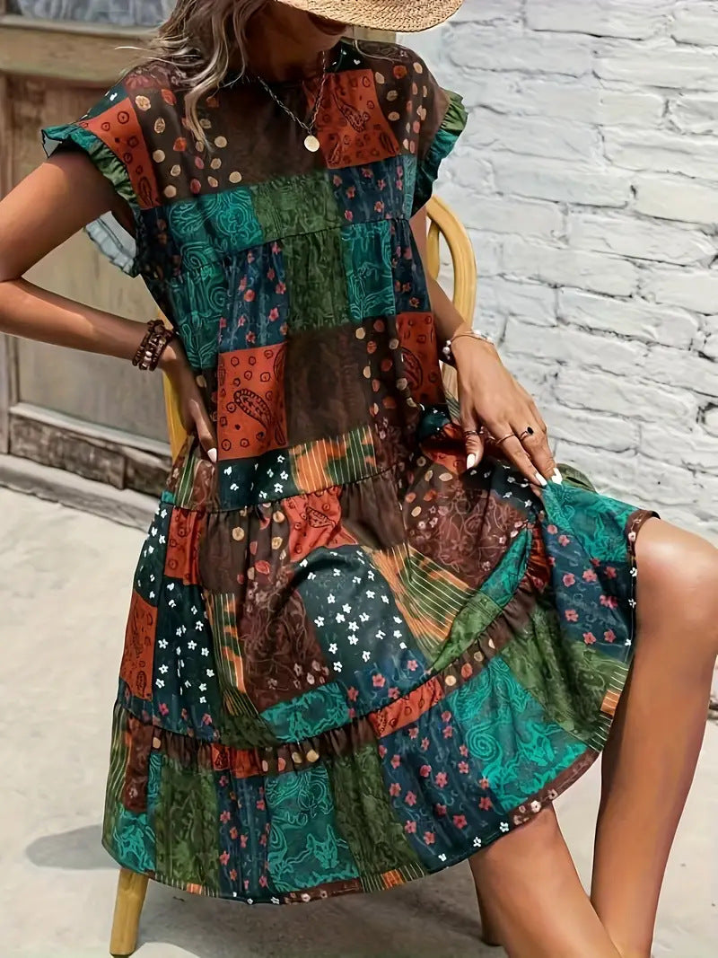 Women's Stitching Printing Batwing Sleeve Ruffled Dress