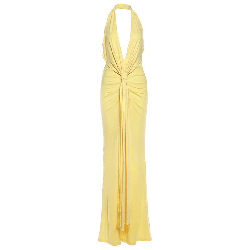Women's Elegant Sexy Deep Halter Backless Ribbon Solid Color Dress