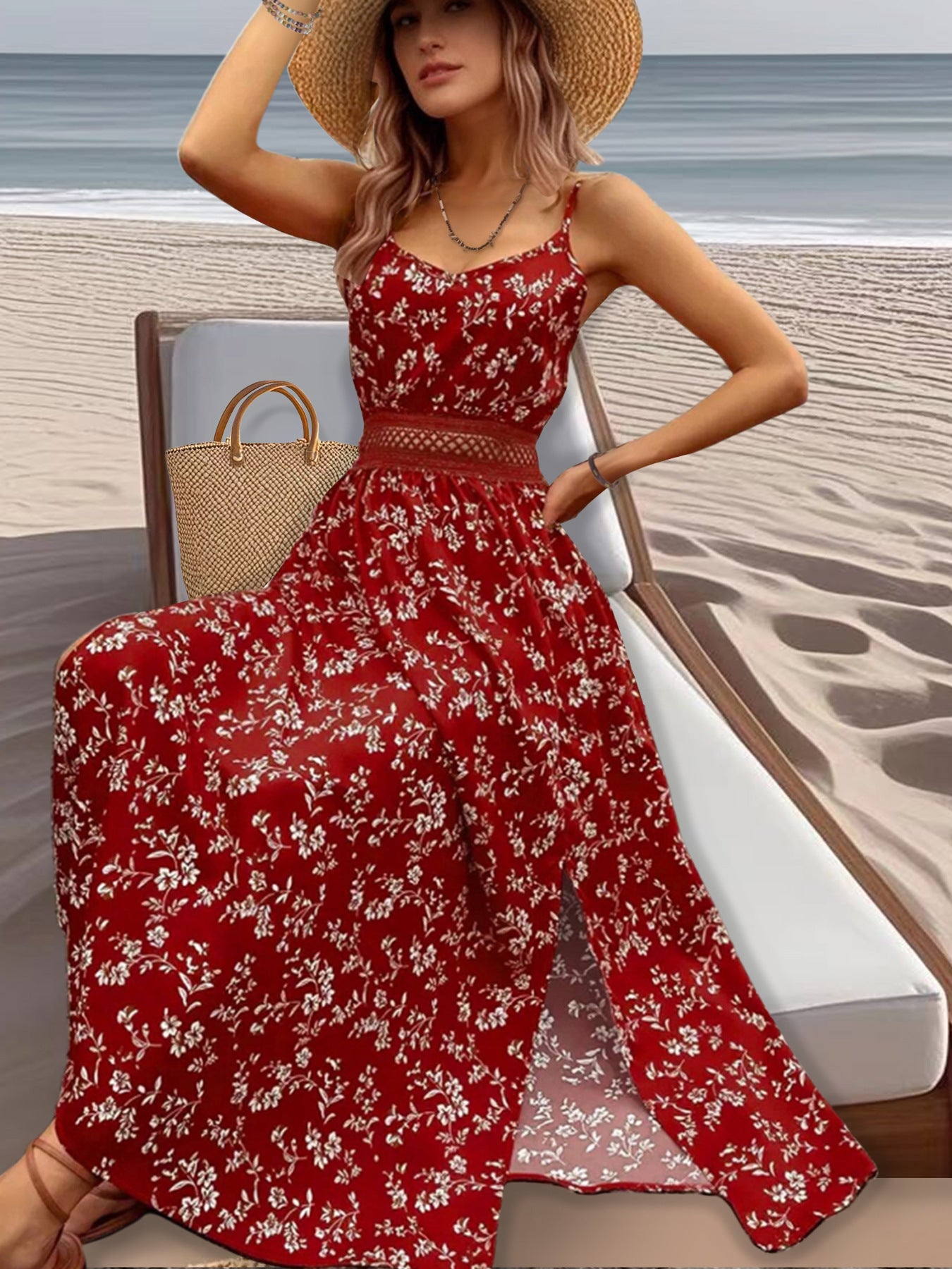 Warm Floral Sleeveless Split Holiday Lace Dress