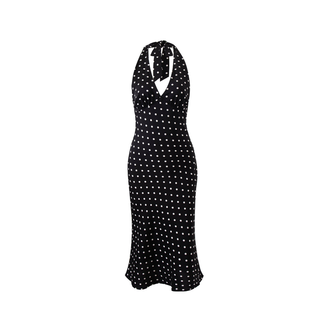 Style Polka Dot Printed Lace Up Halter Dress
