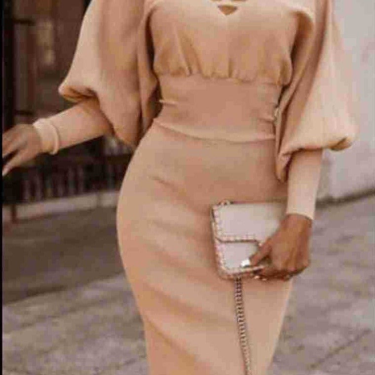 Women's Solid Color Lantern Sleeve High Waist Hip Dress