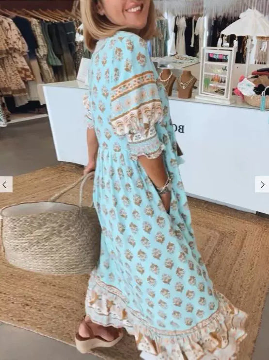 Women's Summer Bohemian Fashion Printed Lantern Sleeve High Waist Big Dress