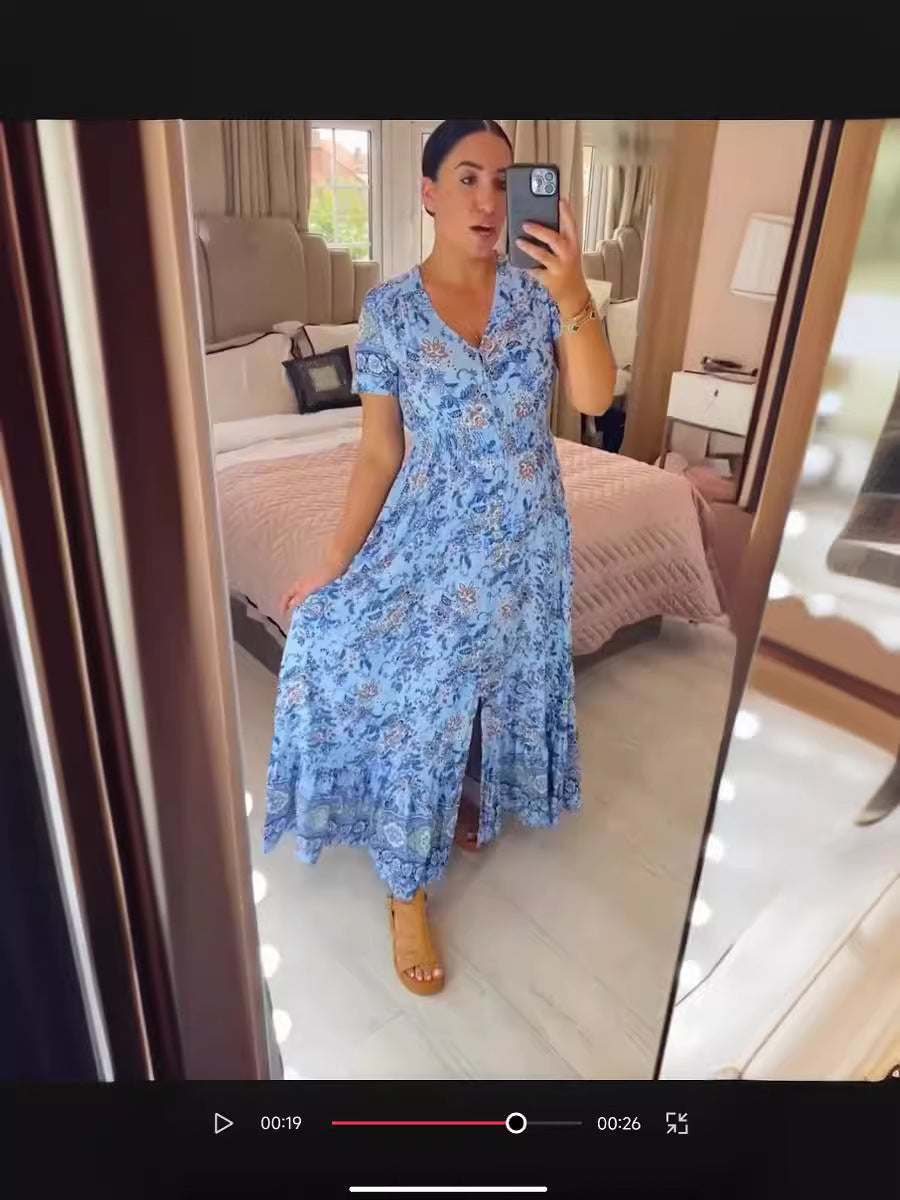 Women's High Elastic Printed Seaside Style Dress