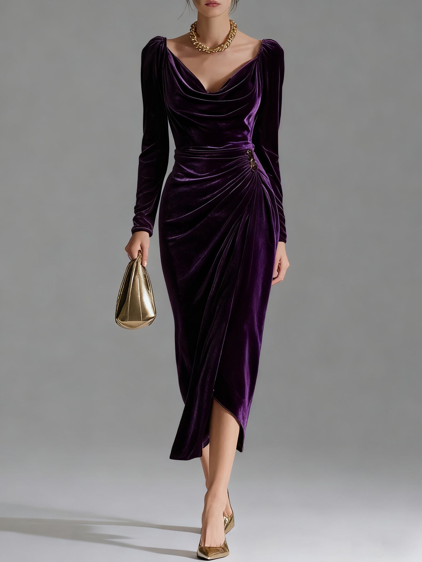 Women's Gold Veet Sexy Slimming Long Sleeves Pleated Slit Dress