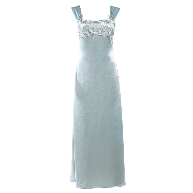 Women's Elegant Strap Tube Backless Rhinestone Long Dress