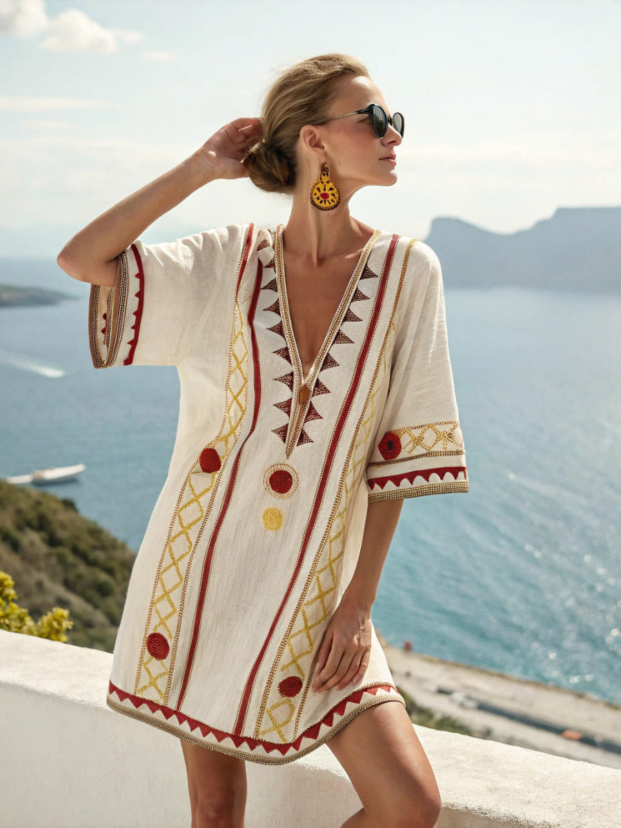 Women's Seaside Holiday Beach Printed Loose-fitting Mid-length Dress