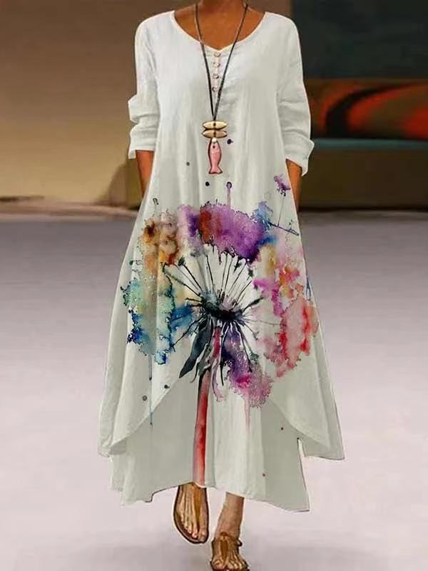 Women's Popular Printed Long-sleeved Hem Irregular Long Dress