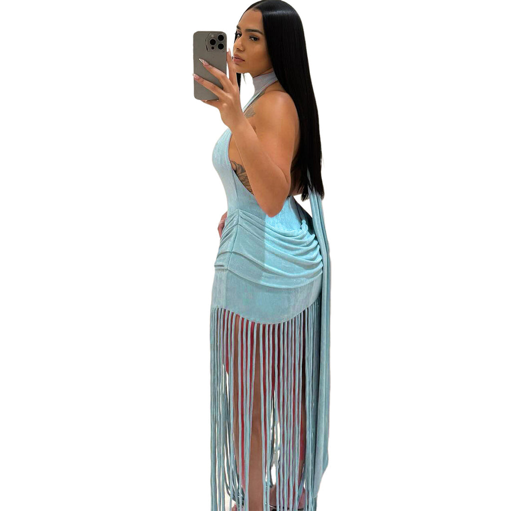 Women's Winter Fashion Tassel Design Solid Color Sexy Dress