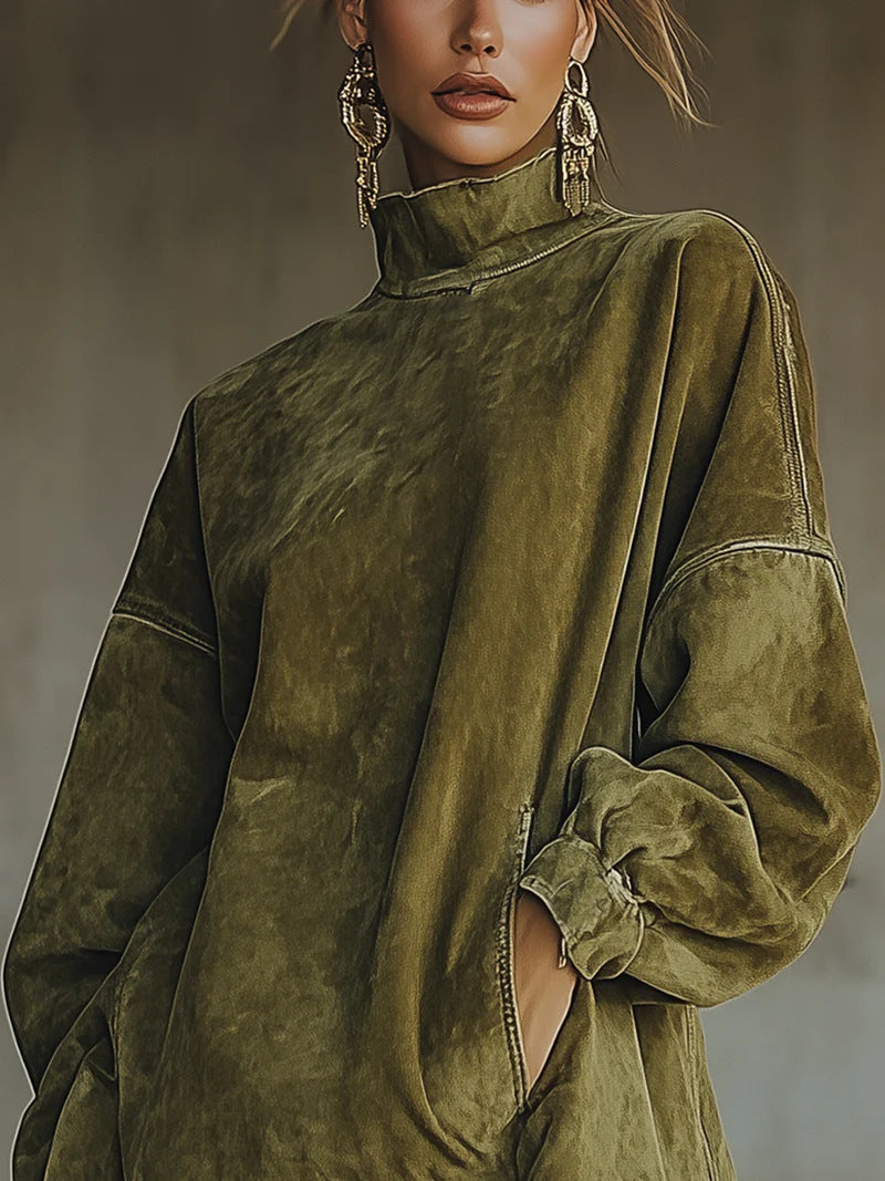 Turtleneck Suede Vintage Loose Pockets Tassel Long Dress