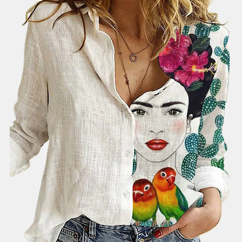 Classic Women's Shirt Printed Long-sleeved Casual Blouse