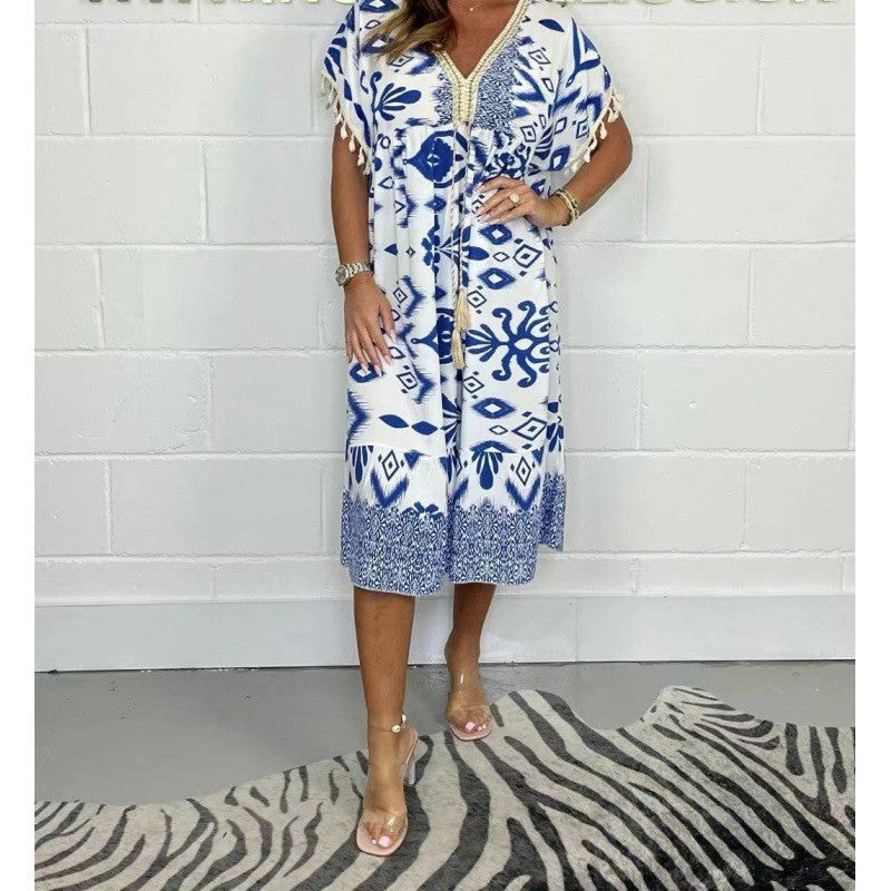 Women's Summer Fashion Printed Tassel Stitching Casual Dress