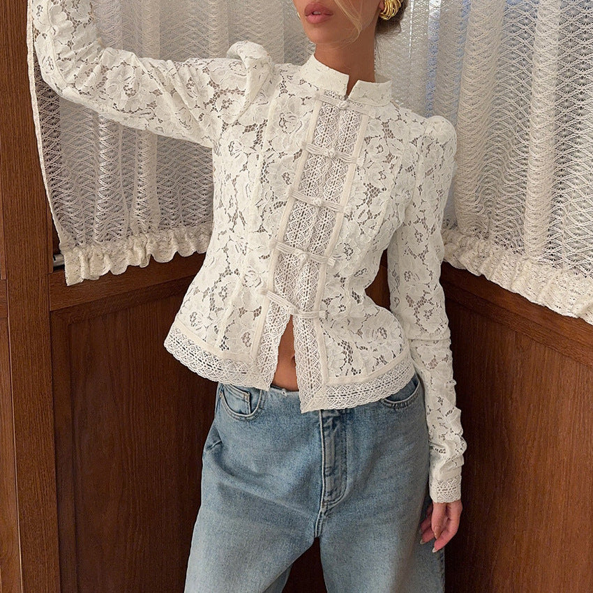 Women's Lace Crochet Stand-up Collar Slim Fit Shirt Blouse