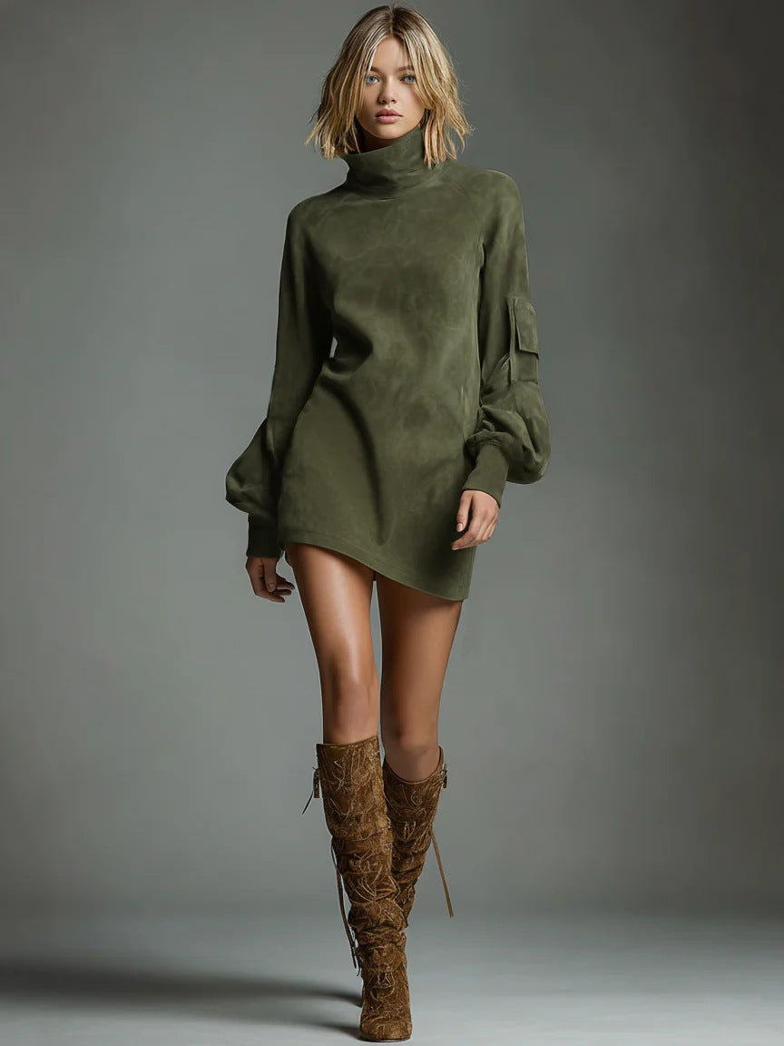 Women's Retro Lapels Suede Long Sleeve Dress