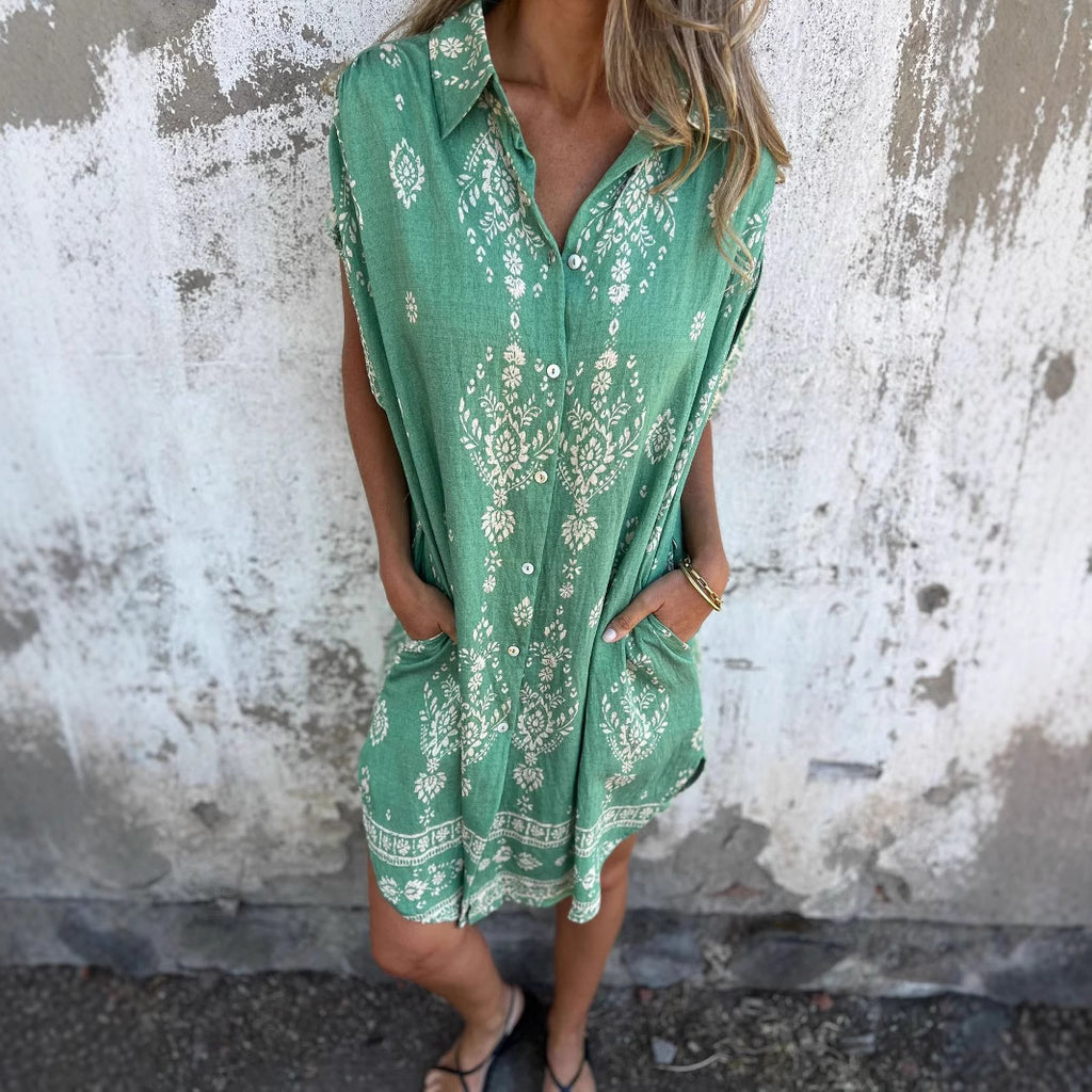 Women's Summer Loose Casual Sleeve Cotton Linen Shirt Pocket Dress