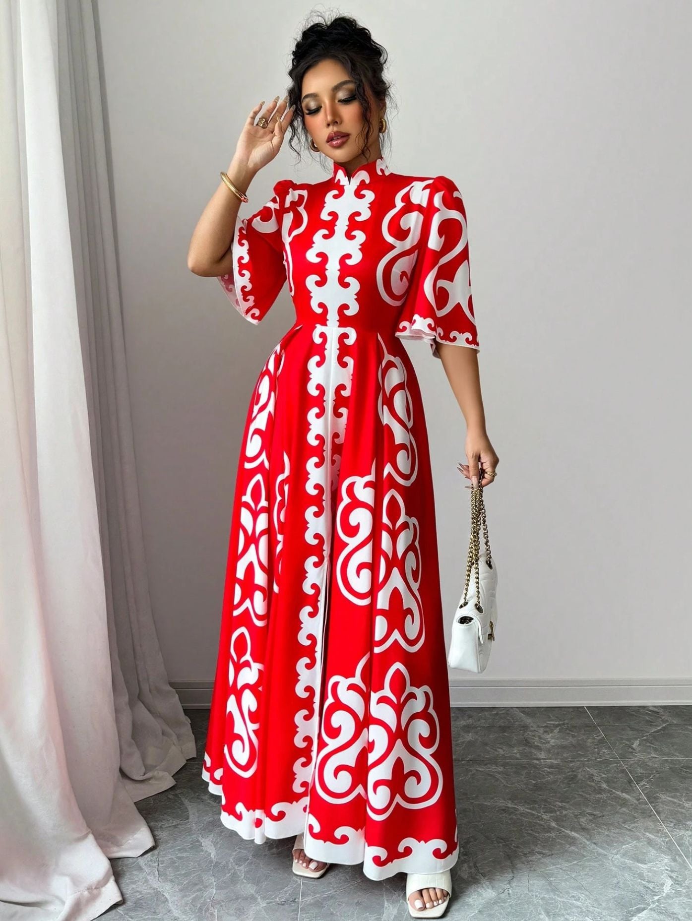Red Mandarin Collar Loose Big Hem Dress