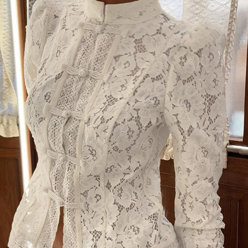 Stand Collar Buckle Waist Lace Shirt Versatile Tops