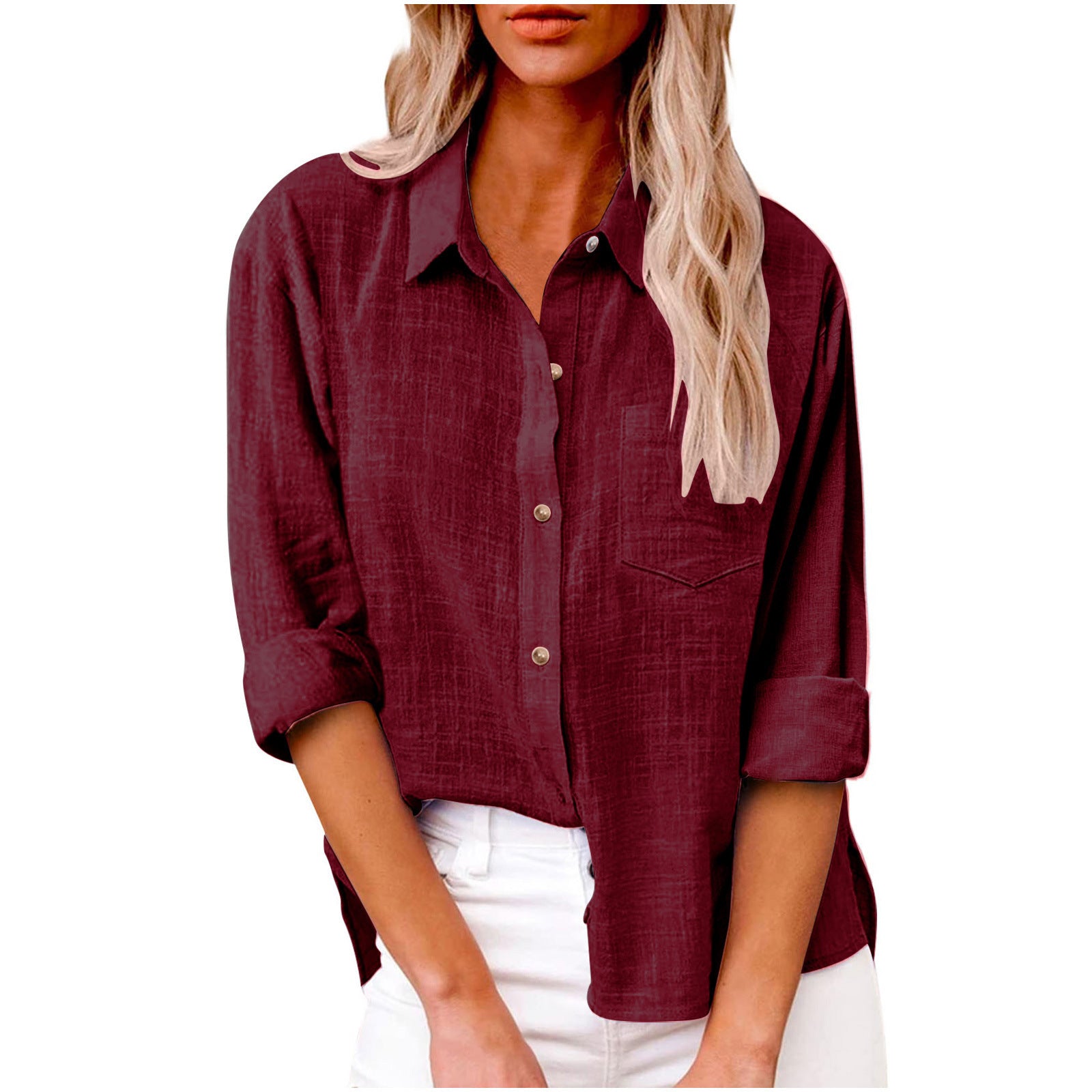 Women's Solid Colored Lapel Button Long-sleeved Cotton Linen Blouse