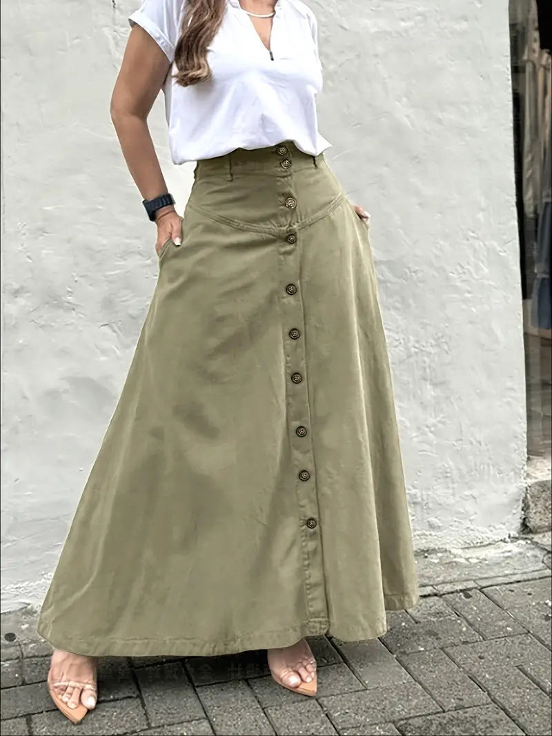 Women's Elegant High Waist Pocket Button Front Slit A- Line Skirts