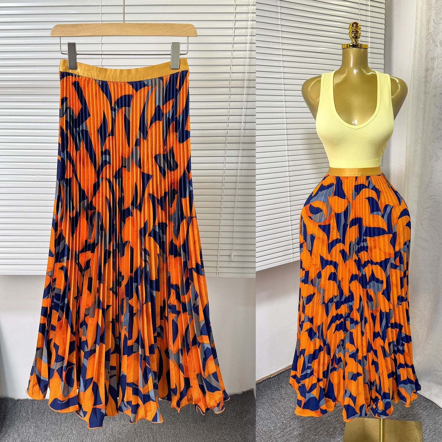 Women's Retro Printed High Waist A- Line Mid-length Pleated Large Hem Skirt