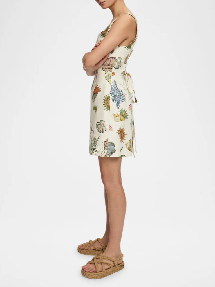 Cotton Linen Printed Casual Strap Mini Dress
