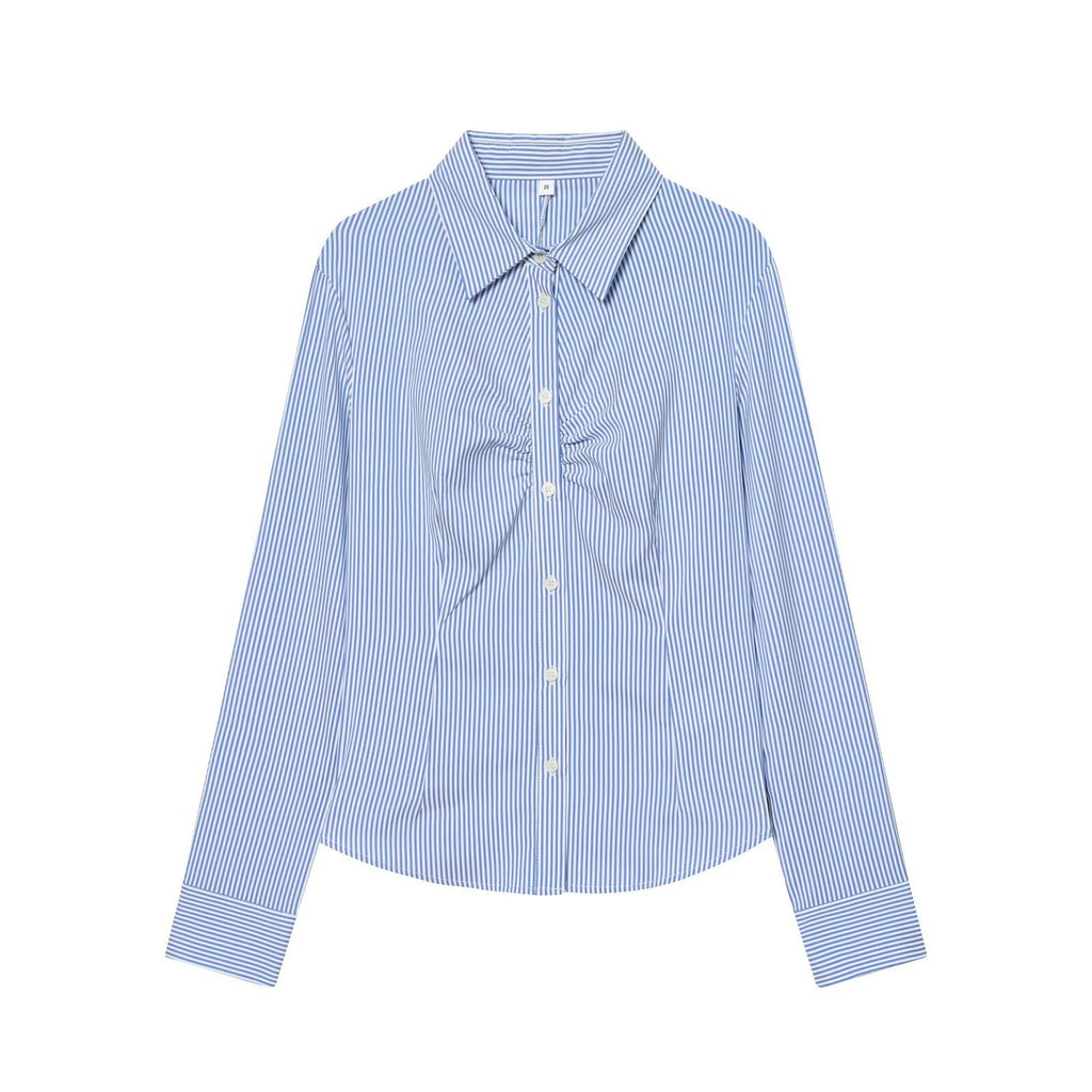 Women's Fashionable Simple Style Lapel Pleated Slim Blouse