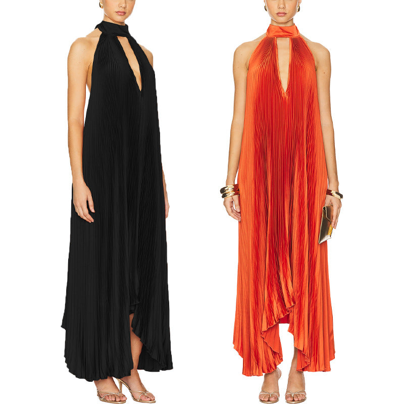 Summer Fashion Sexy Loose Casual Pleated Backless Lace Dress