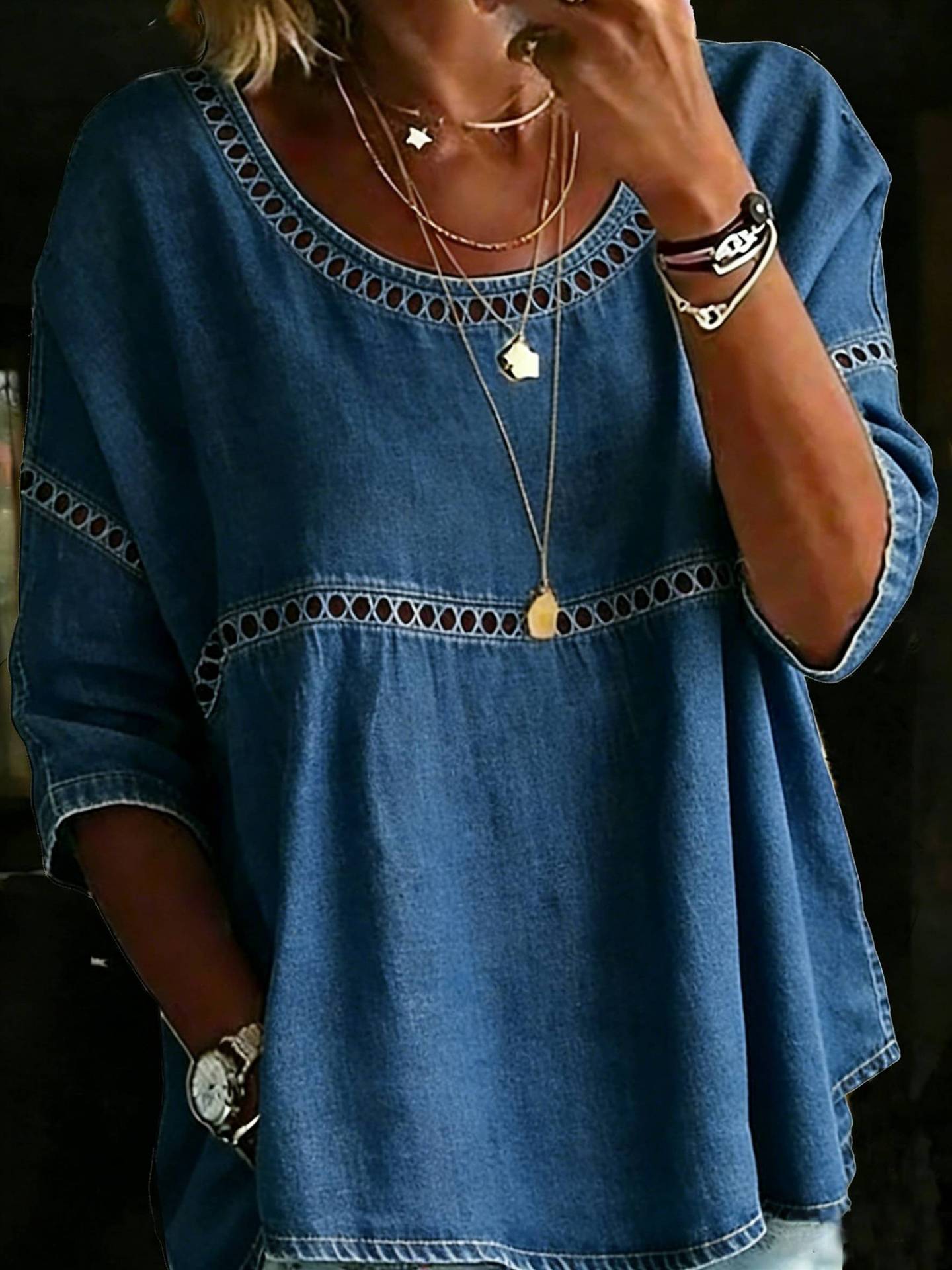 Versatile Casual Hollow Denim Round Neck Tops