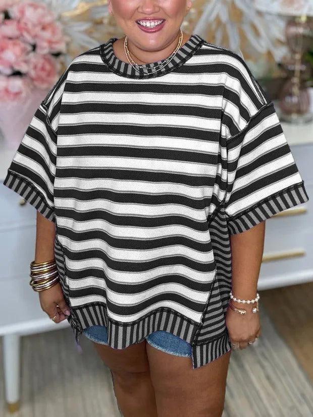 Slouchy Women's Loose Casual Striped Stitching Women's T-shirt