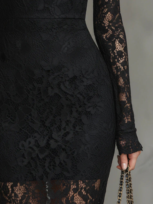 Elegant Party Black Stretch Lace Fishtail Dress