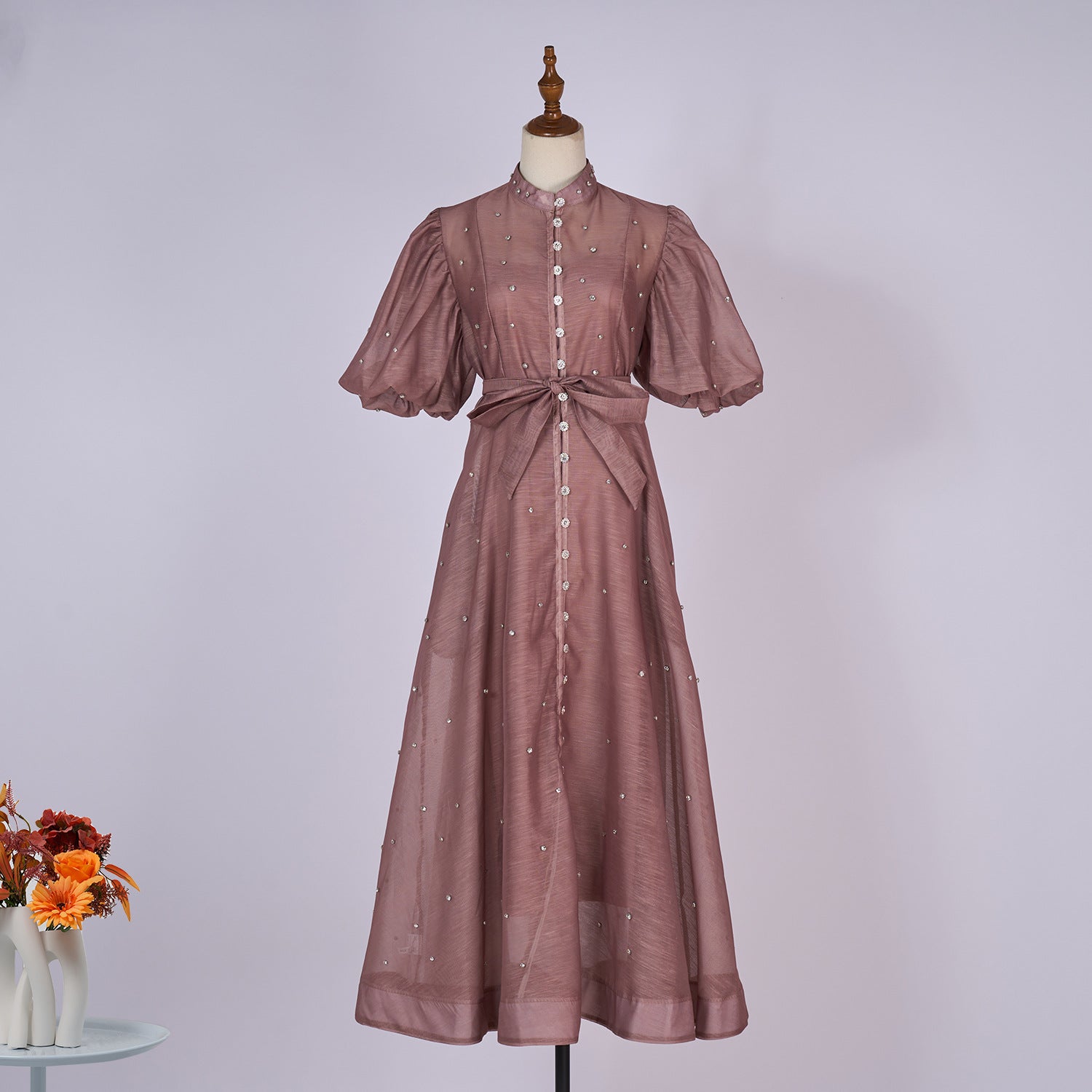 Summer Palace Style High Design Sense Rhinestone Sleeve Single-breasted Long Dress