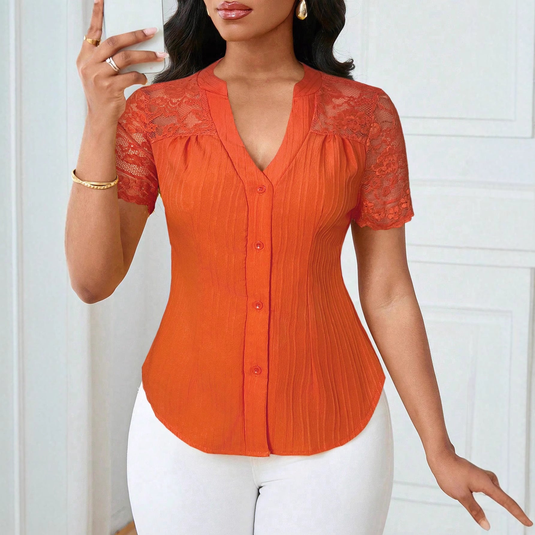 Fashionable Single-breasted Solid Color Embroidery Hollow Women's T-shirt