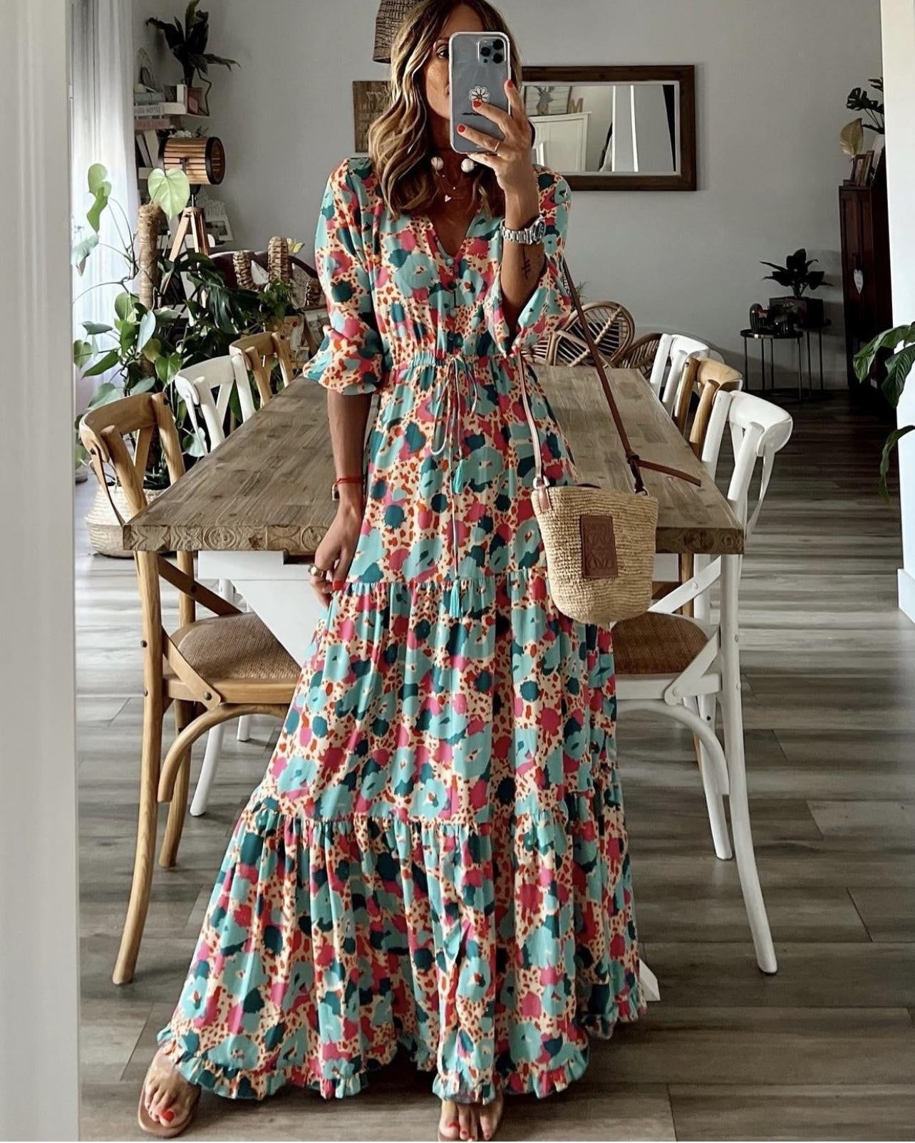 Women's Spring Elegant Bohemian Printed Large Swing Dress