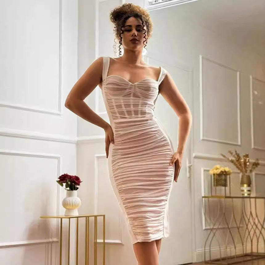 Women's Pleated Mesh White French Sexy Bandage Dress